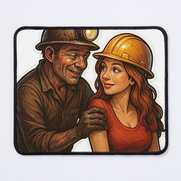 Item preview, Illustration of Miner and Woman in Hard Hats in a Dark Setting designed and sold by Creative88Art.