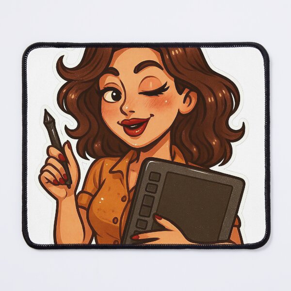Item preview, Cartoon Illustration of a Woman Holding a Pen and Drawing Tablet designed and sold by Creative88Art.