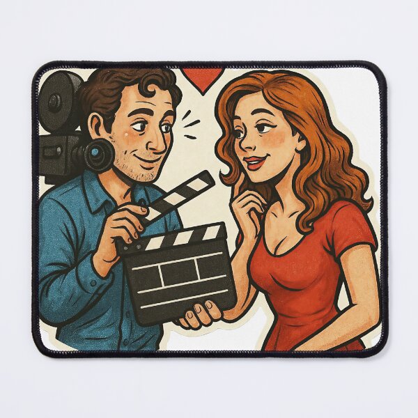 Item preview, Cartoon Illustration of Filmmaker and Woman with Heart Symbol designed and sold by Creative88Art.