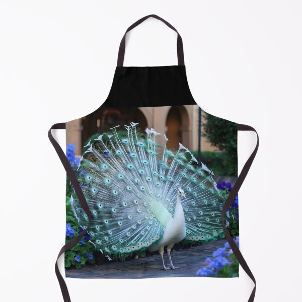 Item preview, White Peacock in Full Glory – Courtyard with Blue Flowers designed and sold by EmeraldeaArt.