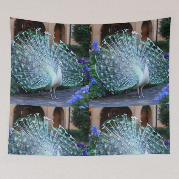 Item preview, White Peacock in Full Glory – Courtyard with Blue Flowers designed and sold by EmeraldeaArt.