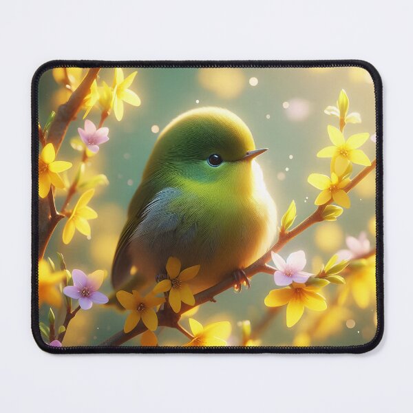 Artikelvorschau, Kleiner grüner Puffie-Vogel – Sitzt auf gelben Forsythienblüten im Sonnenlicht entworfen und verkauft von EmeraldeaArt.
