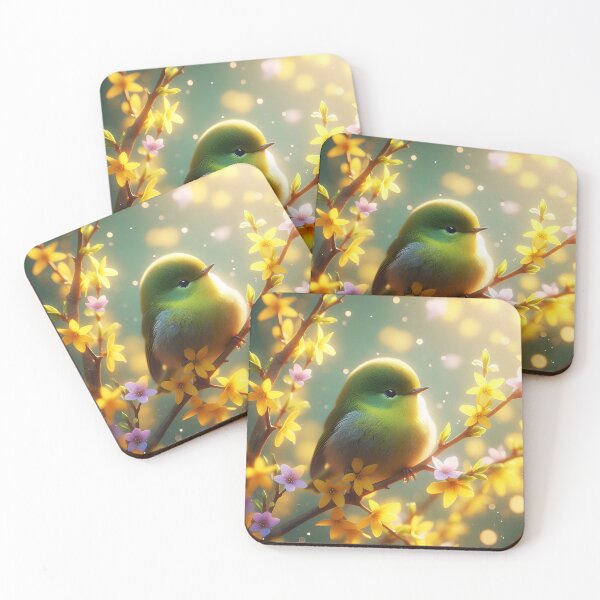Item preview, Lil Green Puffie Bird – Sitting on Forsythia Yellow Blooms in Sunlight designed and sold by EmeraldeaArt.
