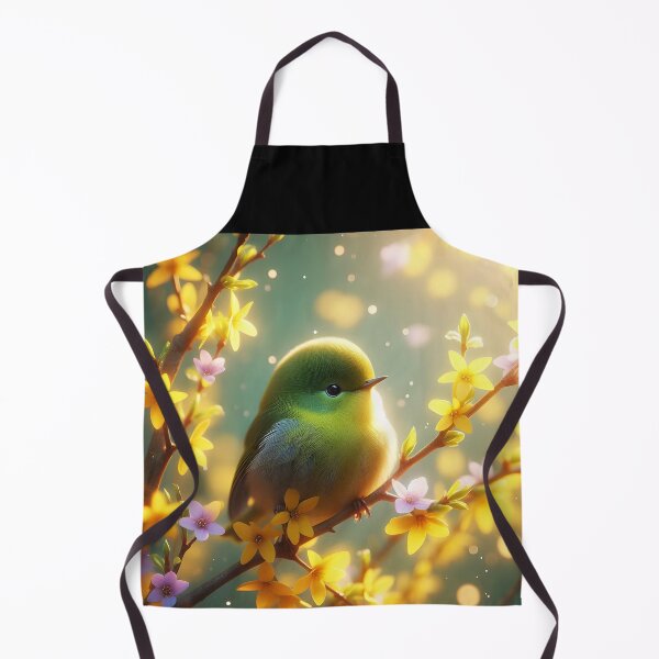 Item preview, Lil Green Puffie Bird – Sitting on Forsythia Yellow Blooms in Sunlight designed and sold by EmeraldeaArt.