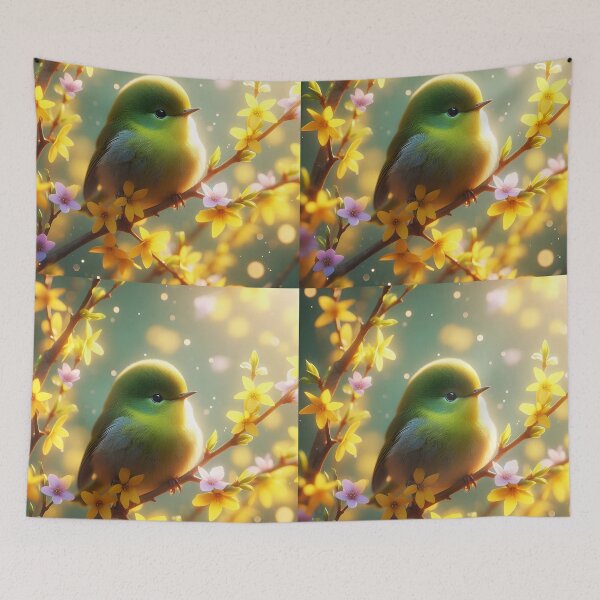 Item preview, Lil Green Puffie Bird – Sitting on Forsythia Yellow Blooms in Sunlight designed and sold by EmeraldeaArt.
