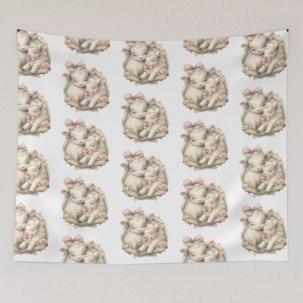 Item preview, two lambs with pink bows designed and sold by viviofthevalley.