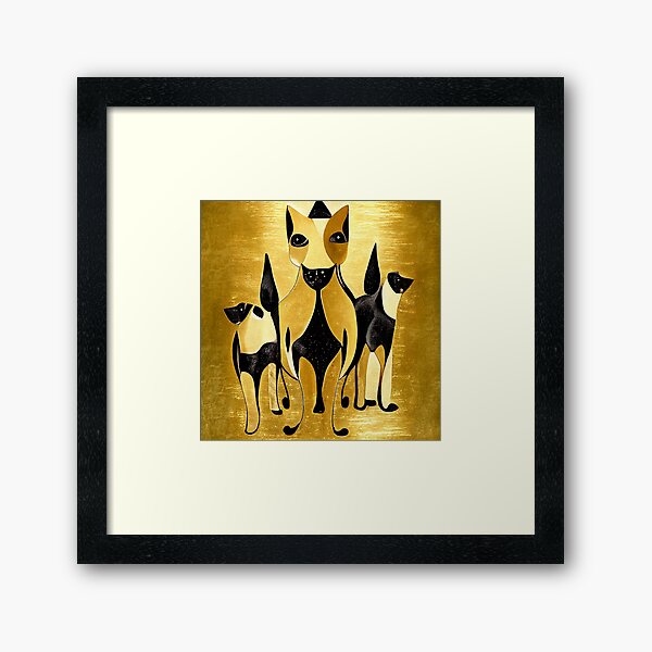 Cats in Black and Gold Leaf Art Pet  Framed Art Print