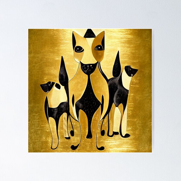 Cats in Black and Gold Leaf Art Pet Poster