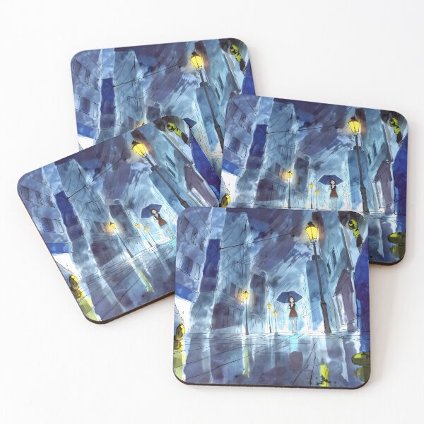 Item preview, Girl umbrella night rain city watercolor designed and sold by Ledsor.