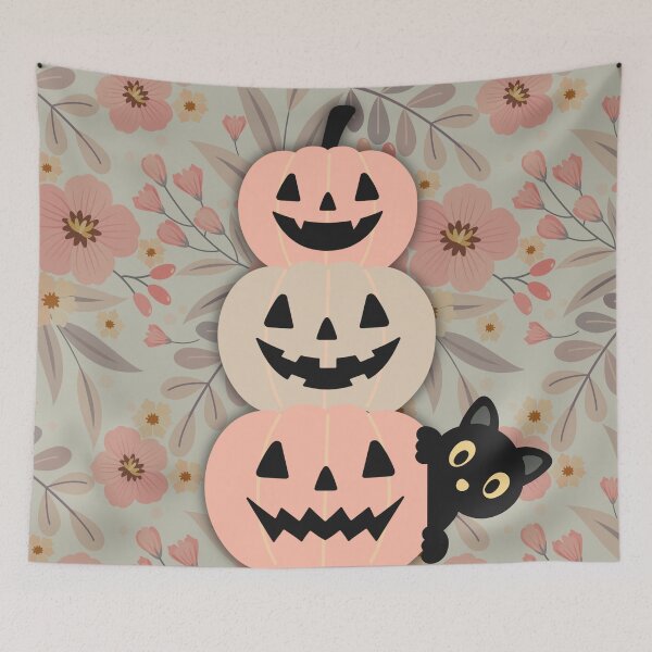 Item preview, Retro floral with stacked pumpkins and peeping black cat  designed and sold by ClickATee Store .