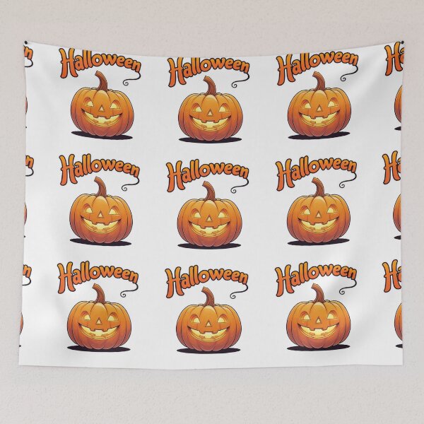 Item preview, A spooky Halloween greeting with a large jack-o'-lantern, smiling and glowing in the darkness. Bats fly overhead, and the words "Halloween" are written in a festive font. designed and sold by PWDigitalArt.