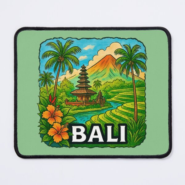 Item preview, Bali Illustration - Rice Terraces, Temple & Volcano   designed and sold by Myra365Art.