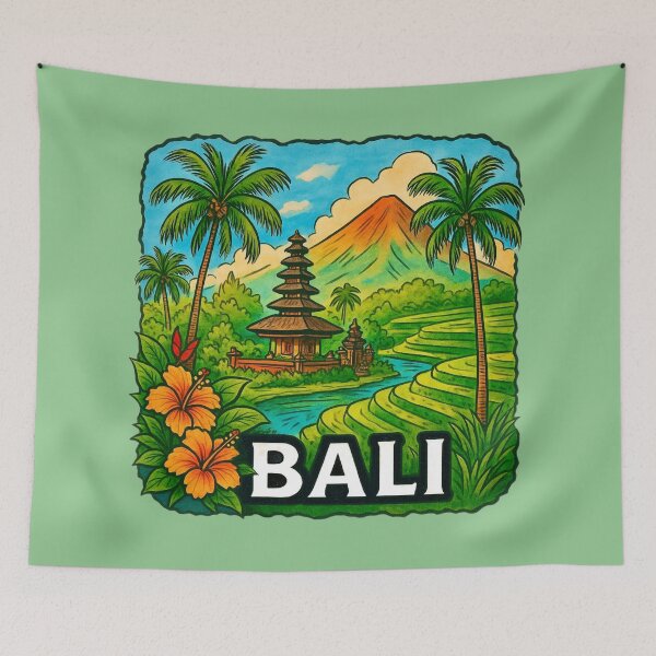 Item preview, Bali Illustration - Rice Terraces, Temple & Volcano   designed and sold by Myra365Art.