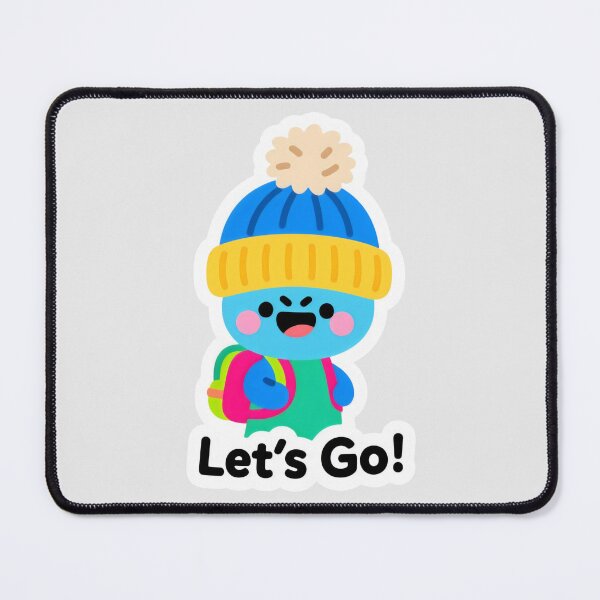 Item preview, Cute Blue Character with Winter Hat and Backpack Saying “Let’s Go!” designed and sold by SplashTastic.