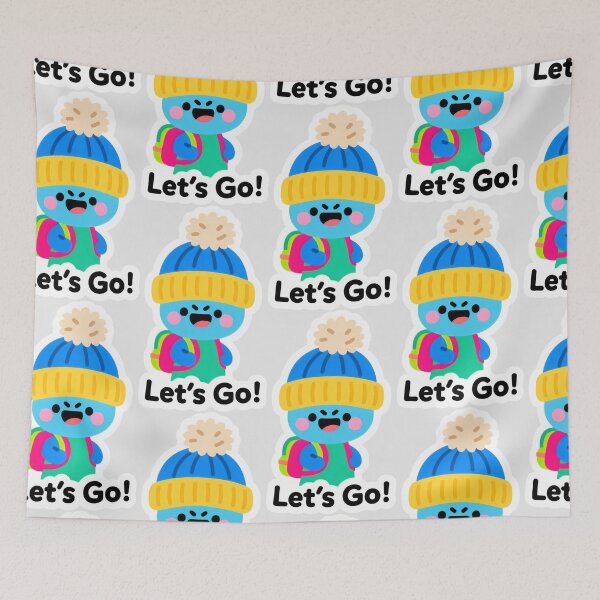 Item preview, Cute Blue Character with Winter Hat and Backpack Saying “Let’s Go!” designed and sold by SplashTastic.