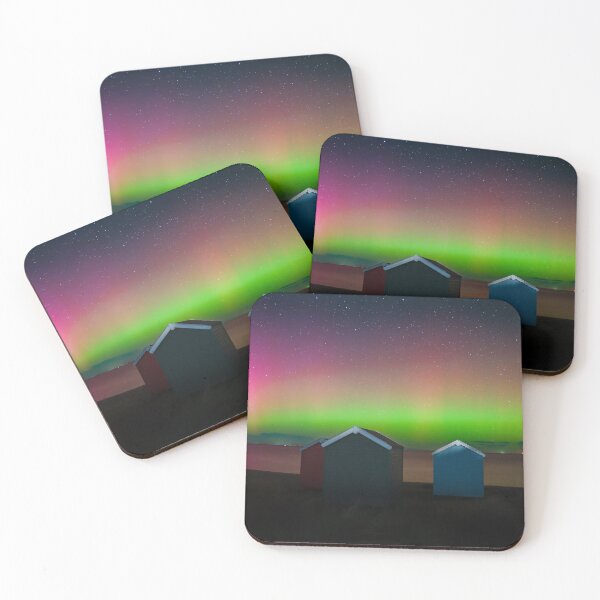 Item preview, Findhorn Beach huts Illuminated by the Aurora designed and sold by CEastwoodPhotos.