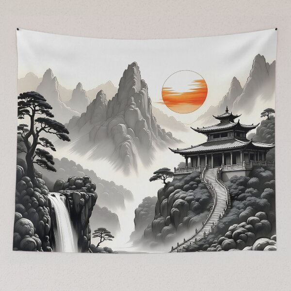 Item preview, Mystical Temple in the Mountains – Asian Ink Art designed and sold by Salimgor Hangaround Music.