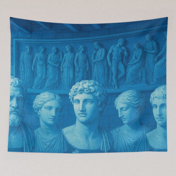 Item preview, Blue sculptures in front of a stone wall designed and sold by Sigtrix.