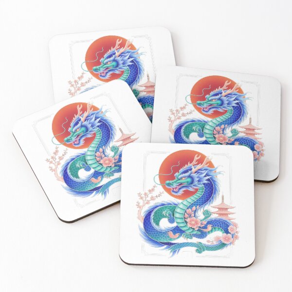 Item preview, blue Japanese dragon with blooming sakura and temple ,Legendary Animals,dragon art,Legendary dragon designed and sold by Expressions-Sel.