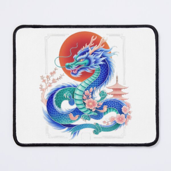 Item preview, blue Japanese dragon with blooming sakura and temple ,Legendary Animals,dragon art,Legendary dragon designed and sold by Expressions-Sel.