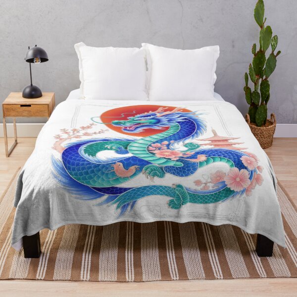 Item preview, blue Japanese dragon with blooming sakura and temple ,Legendary Animals,dragon art,Legendary dragon designed and sold by Expressions-Sel.