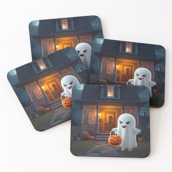 Item preview, Adorable little kawaii ghosts smiling and holding pumpkin lanterns, kawaii style designed and sold by PWDigitalArt.