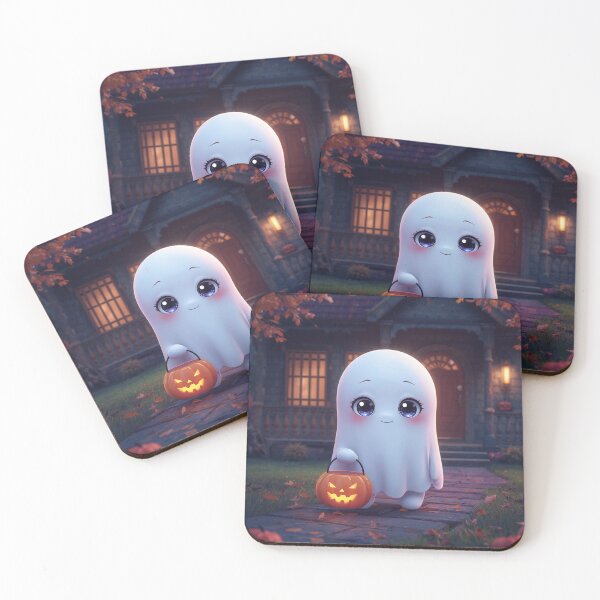 Item preview, A cute little ghost wearing a witch's hat, holding a small pumpkin bucket, smiling mischievously. designed and sold by PWDigitalArt.