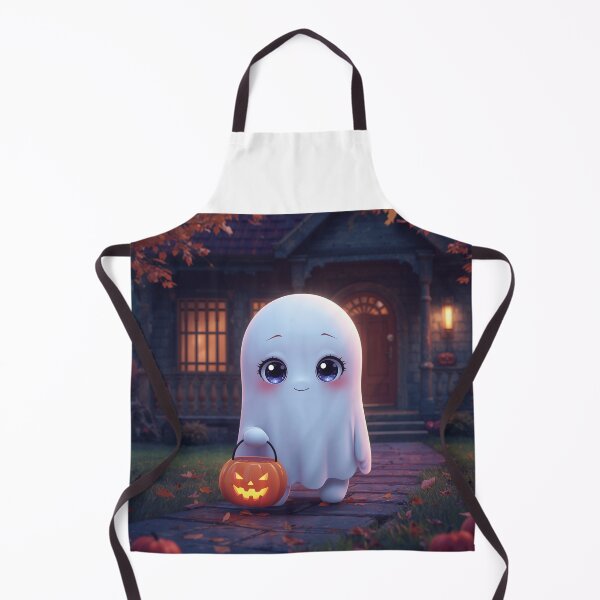 Item preview, A cute little ghost wearing a witch's hat, holding a small pumpkin bucket, smiling mischievously. designed and sold by PWDigitalArt.