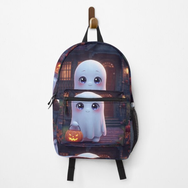 Item preview, A cute little ghost wearing a witch's hat, holding a small pumpkin bucket, smiling mischievously. designed and sold by PWDigitalArt.
