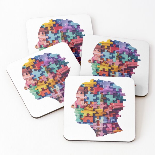Item preview, Silhouette Head Composed of Colorful Puzzle Pieces on Black Background designed and sold by KanDa-Shop.