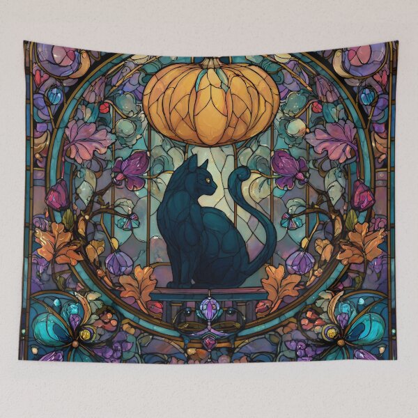 Aperçu de l'œuvre Chat noir avec citrouille – Vitrail Art Nouveau pour Halloween créée et vendue par Meiersbeste.