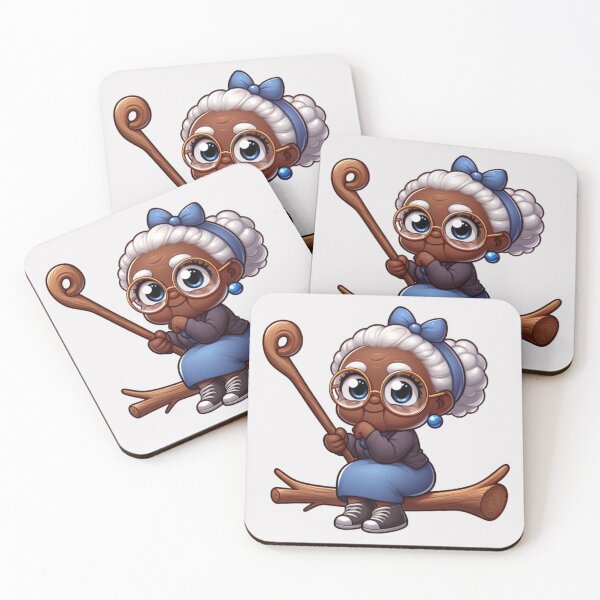 Item preview, Afro Grandma Sitting on Log Sticker | Cute Granny with Cane designed and sold by Lulunza.