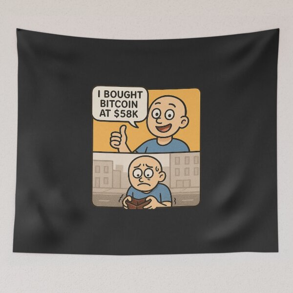 Item preview, Wallet vs Reality – Bitcoin $58K Split Panel Meme designed and sold by Bratak.