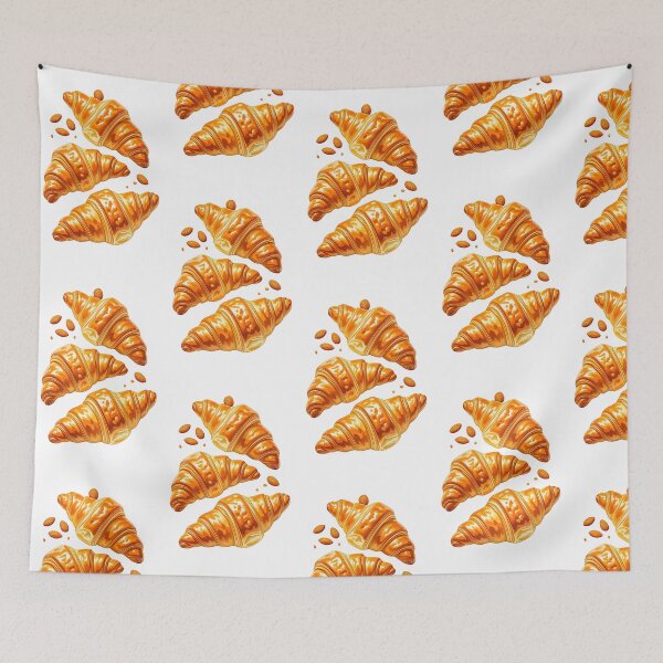 Item preview, Golden, flaky croissants with almond pieces scattered on a white background, perfect for breakfast or brunch designed and sold by SpaceartLilu.