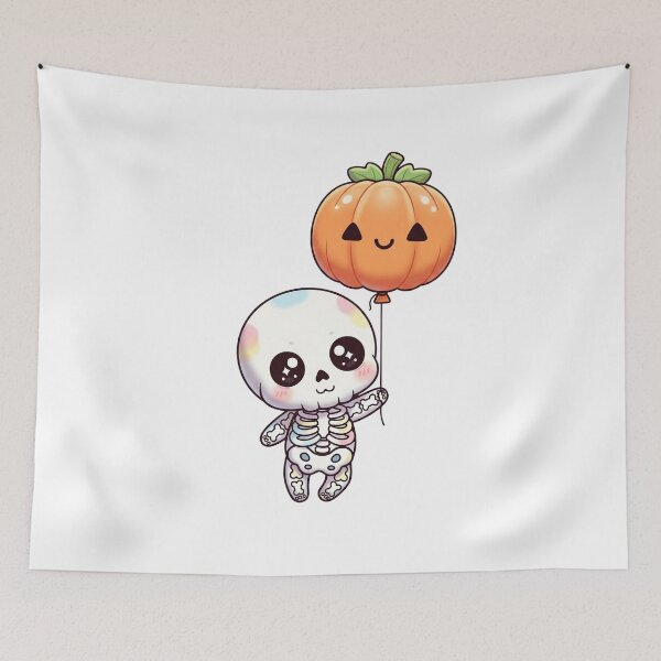 Item preview, Cute Kawaii Skeleton with Pumpkin Balloon designed and sold by istoriadesign.