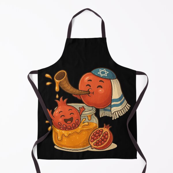 Item preview, Playful Shofar & Honey Splash – Rosh Hashanah Cartoon Art - Similar apple blowing shofar with honey and pomegranate, different style designed and sold by YG - YiddisheGesheft.