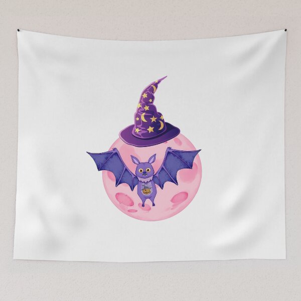Item preview, Cute Halloween Bat with Witch Hat & Pumpkin – Spooky Pink Moon Design designed and sold by DesignArtist.ia.