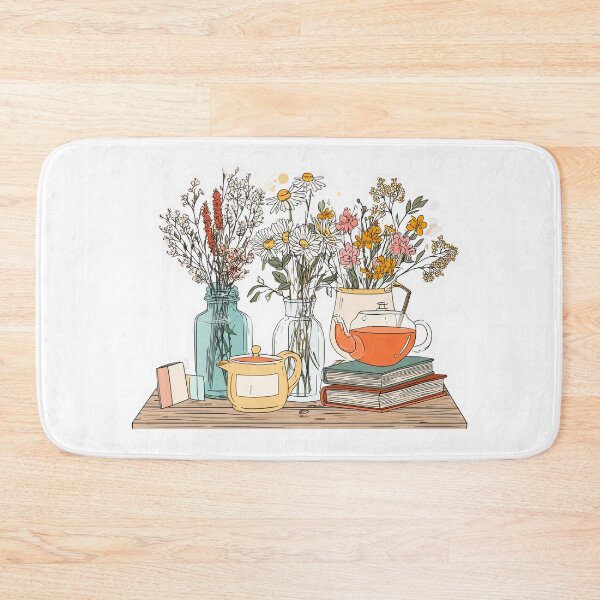 Item preview, Wildflowers in vases with tea set and books on wooden table designed and sold by DadGenX.