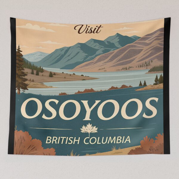 Item preview, Retro Osoyoos Travel Poster – Vintage Desert and Lake Landscape of British Columbia designed and sold by VividOrganica.
