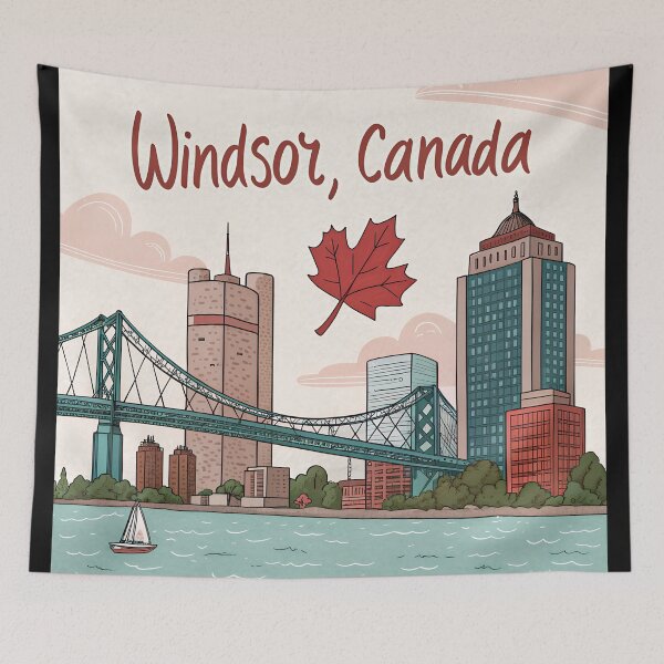Item preview, Cute Windsor Ontario Skyline – Retro Handwritten Canada Design with Bridge and Maple Leaf designed and sold by VividOrganica.