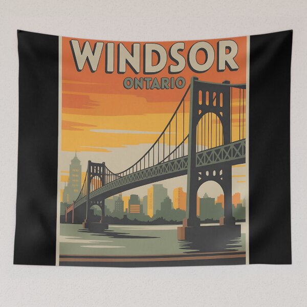 Item preview, Vintage Windsor Ontario Travel Poster – Sunset Bridge and City Skyline Illustration designed and sold by VividOrganica.