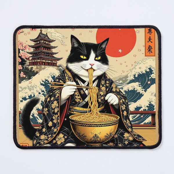 Item preview, Samurai Cat with Golden Ramen Bowl | Vintage Japanese Ukiyo-e Style Illustration designed and sold by KaryaVisionSTR.