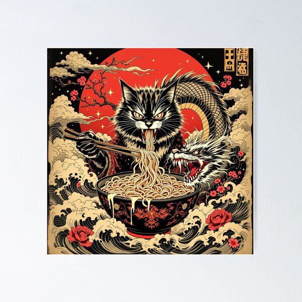 Item preview, Dragon Ramen Cat | Vintage Japanese Ukiyo-e Style Illustration designed and sold by KaryaVisionSTR.
