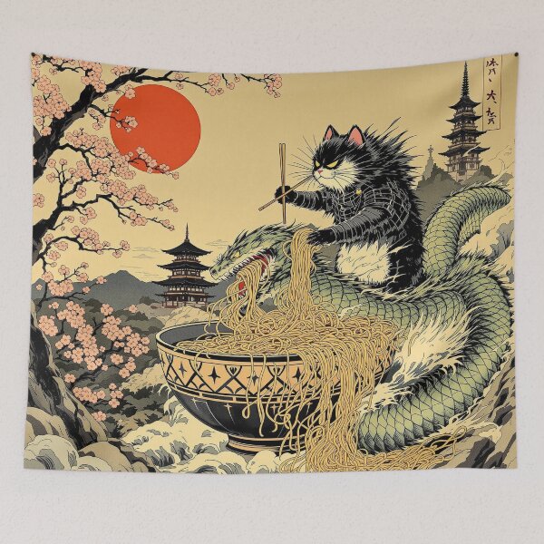 Item preview, Samurai Cat Battling Dragon in Ramen Bowl | Vintage Japanese Ukiyo-e Style Illustration designed and sold by KaryaVisionSTR.