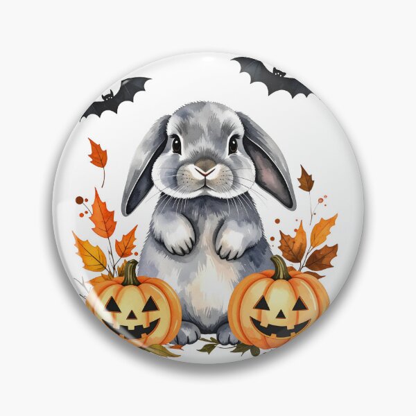 Item preview, Grey Halloween Holland Lop rabbit with pumpkins and bats designed and sold by LiskoDesign.