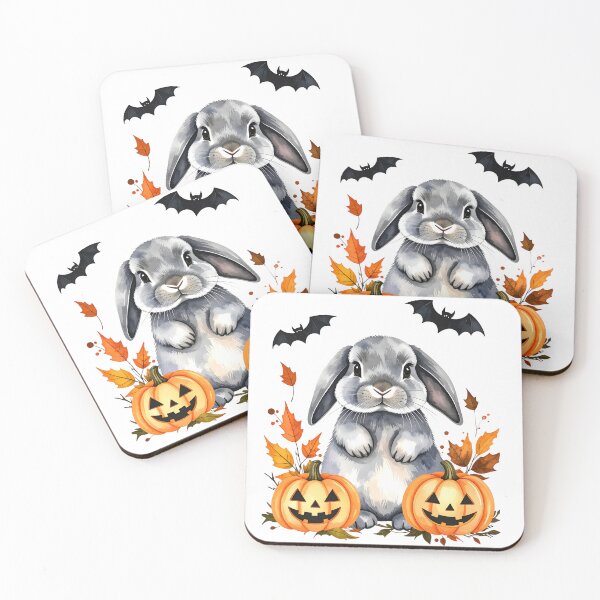 Item preview, Grey Halloween Holland Lop rabbit with pumpkins and bats designed and sold by LiskoDesign.