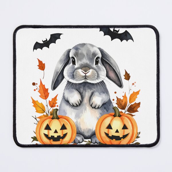 Item preview, Grey Halloween Holland Lop rabbit with pumpkins and bats designed and sold by LiskoDesign.