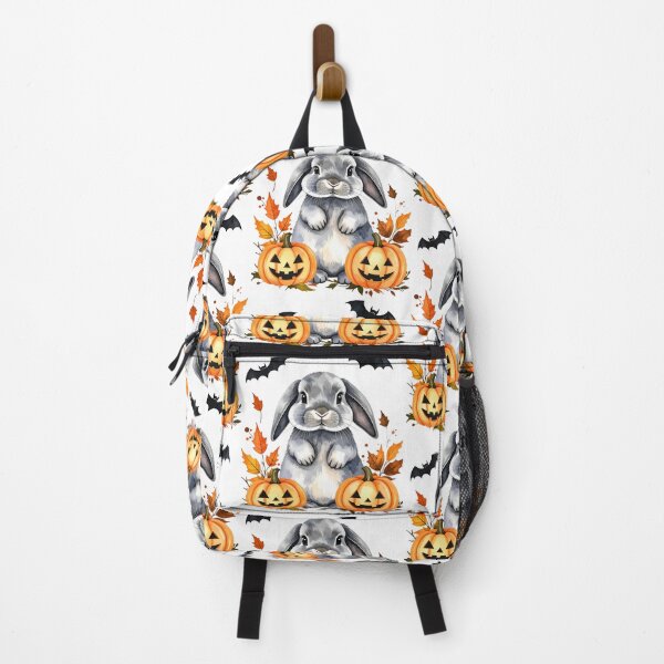 Item preview, Grey Halloween Holland Lop rabbit with pumpkins and bats designed and sold by LiskoDesign.
