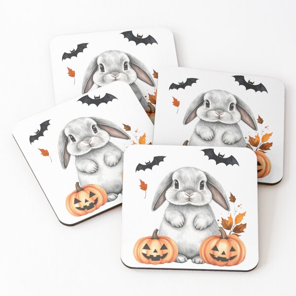 Item preview, Light grey Halloween Holland lop rabbit with pumpkins and bats designed and sold by LiskoDesign.