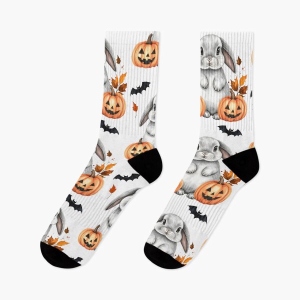 Item preview, Light grey Halloween Holland lop rabbit with pumpkins and bats designed and sold by LiskoDesign.